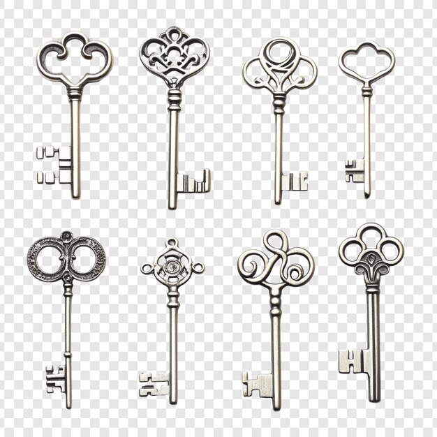 Colección de ocho llaves de esqueleto antiguas diseños elegantes y ornamentados acabado de metal plateado estilo vintage