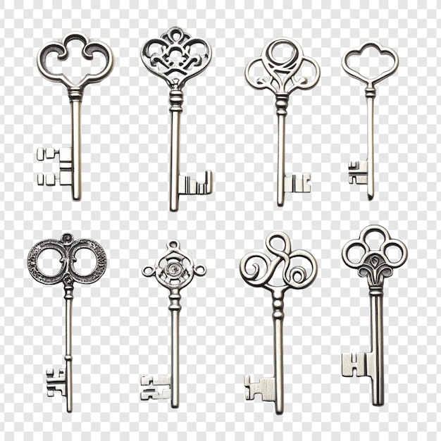Colección de ocho llaves de esqueleto antiguas diseños elegantes y ornamentados acabado de metal plateado estilo vintage