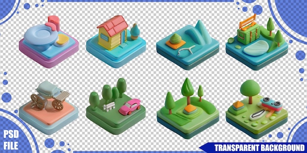 Colección de paisajes y objetos 3D coloridos