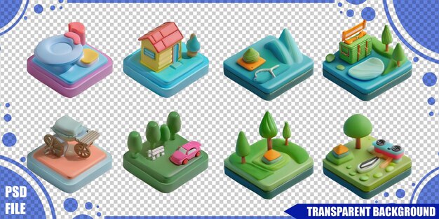 Colección de paisajes y objetos 3D coloridos