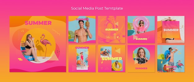 PSD gratuito colección de plantillas de posts de redes sociales en estilo memphis para verano