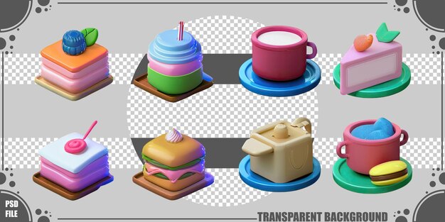 Colección de postres y bocadillos coloridos en 3D