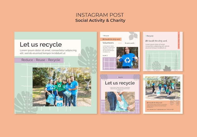 PSD gratuito colección de publicaciones de instagram de actividad ambiental y cero desperdicio