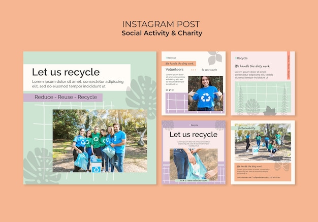 Colección de publicaciones de instagram de actividad ambiental y cero desperdicio