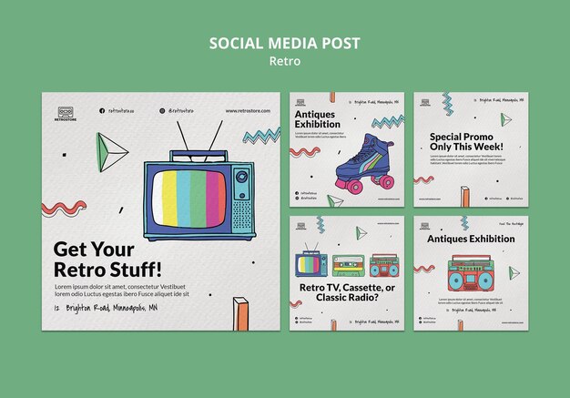 Colección de publicaciones de Instagram con artículos retro