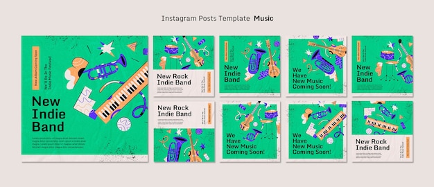 PSD gratuito colección de publicaciones de instagram de banda de música indie rock