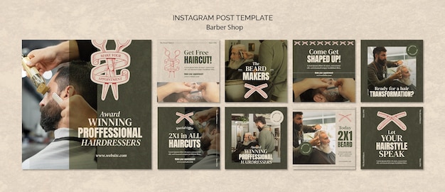 PSD gratuito colección de publicaciones de instagram de barbería con textura retro granulada