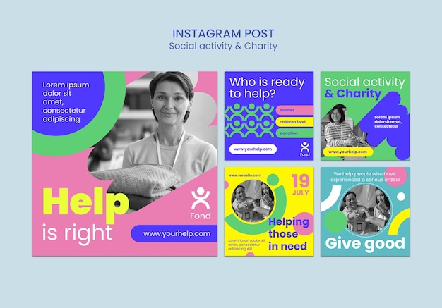 Colección de publicaciones de instagram para caridad y filantropía
