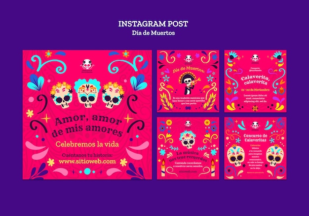 PSD gratuito colección de publicaciones de instagram de celebración de dia de muertos