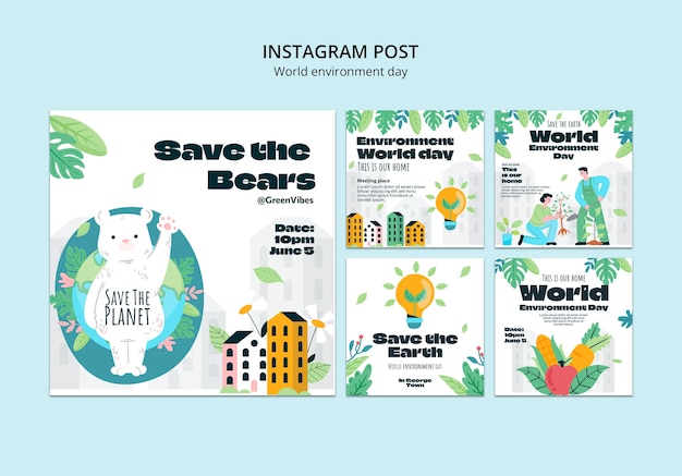 PSD gratuito colección de publicaciones de instagram para la celebración del día mundial del medio ambiente