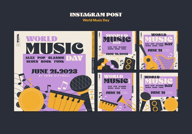 Colección de publicaciones de instagram para la celebración del día mundial de la música