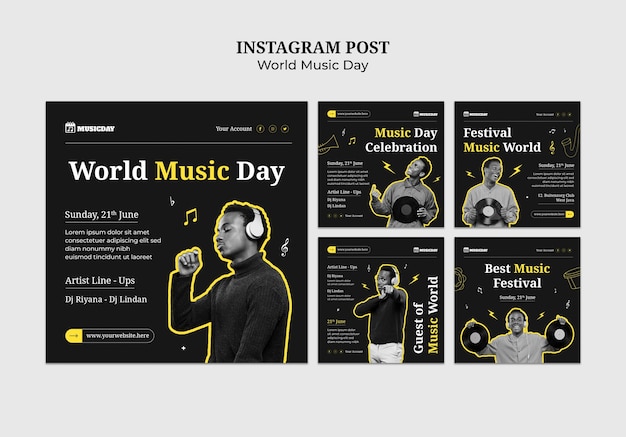 PSD gratuito colección de publicaciones de instagram para la celebración del día mundial de la música