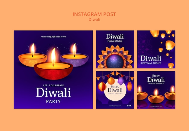 PSD gratuito colección de publicaciones de instagram de celebración de diwali