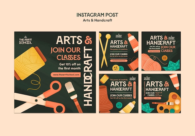 PSD gratuito colección de publicaciones de instagram para clases de arte y manualidades.