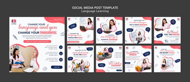 Colección de publicaciones de instagram de clases de idiomas con diseño abstracto