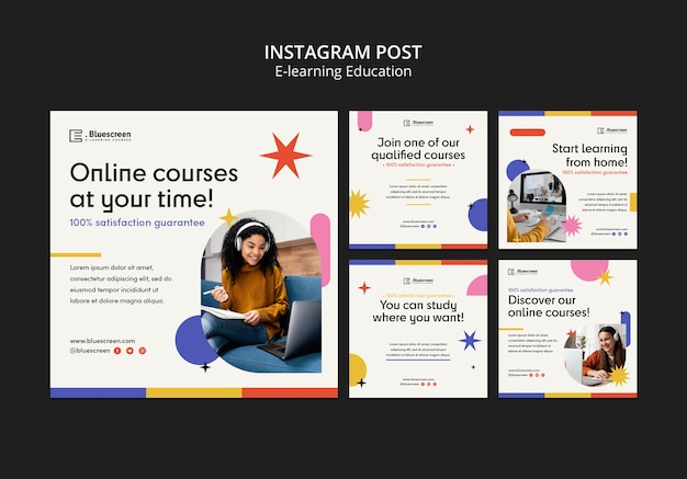 Colección de publicaciones de instagram de clases en línea con formas abstractas