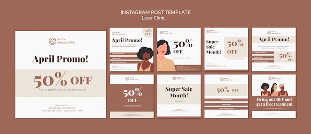 PSD gratuito colección de publicaciones de instagram para clínica de depilación láser