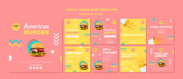 Colección de publicaciones de instagram para comida americana con hamburguesa