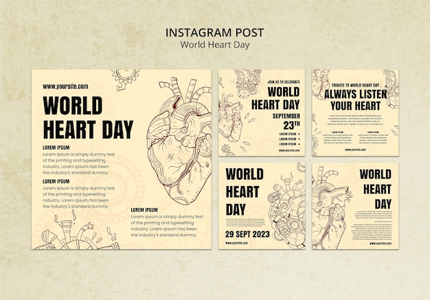 Colección de publicaciones de instagram para concientizar sobre el día mundial del corazón