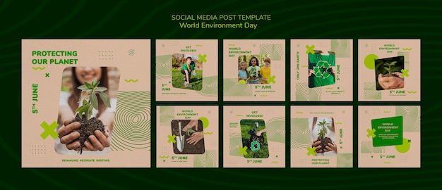 PSD gratuito colección de publicaciones de instagram del día mundial del medio ambiente con una persona que sostiene una planta en la tierra