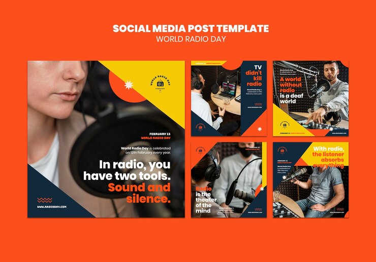 PSD gratuito colección de publicaciones de instagram para el día mundial de la radio con locutor y micrófono