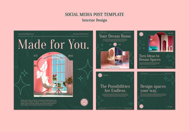 Colección de publicaciones de instagram de diseño de interiores con diseño de papel arrugado y estrellas