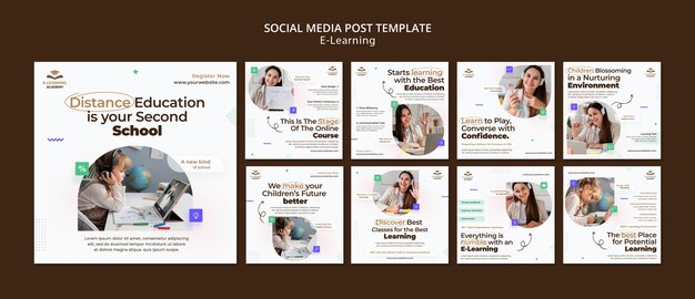 Colección de publicaciones de instagram de e-learning y clases a distancia en línea