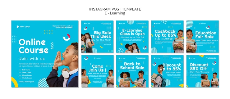 PSD gratuito colección de publicaciones de instagram de e-learning y clases en línea