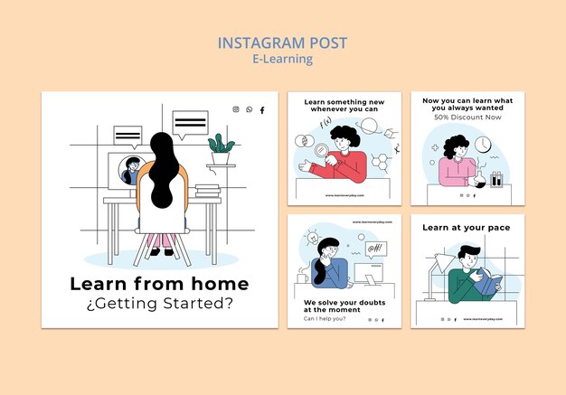 Colección de publicaciones de instagram de e-learning y clases en línea