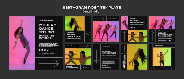 PSD gratuito colección de publicaciones de instagram de estudio de baile con diseño minimalista