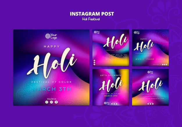 PSD gratuito colección de publicaciones de instagram del festival holi colorido degradado