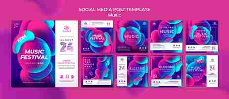 PSD gratuito colección de publicaciones de instagram para festival de música electro con formas de efecto líquido neón