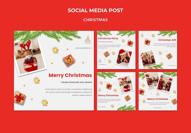 PSD gratuito colección de publicaciones de instagram para la fiesta de navidad con niños con gorros de santa