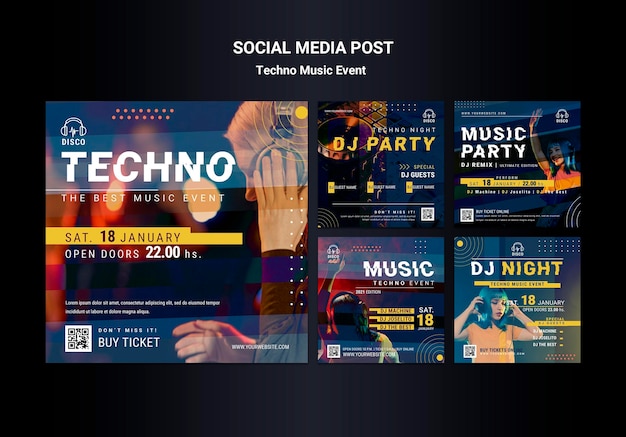 Colección de publicaciones de Instagram para la fiesta nocturna de música techno