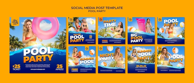 PSD gratuito colección de publicaciones de instagram de fiesta en la piscina de verano