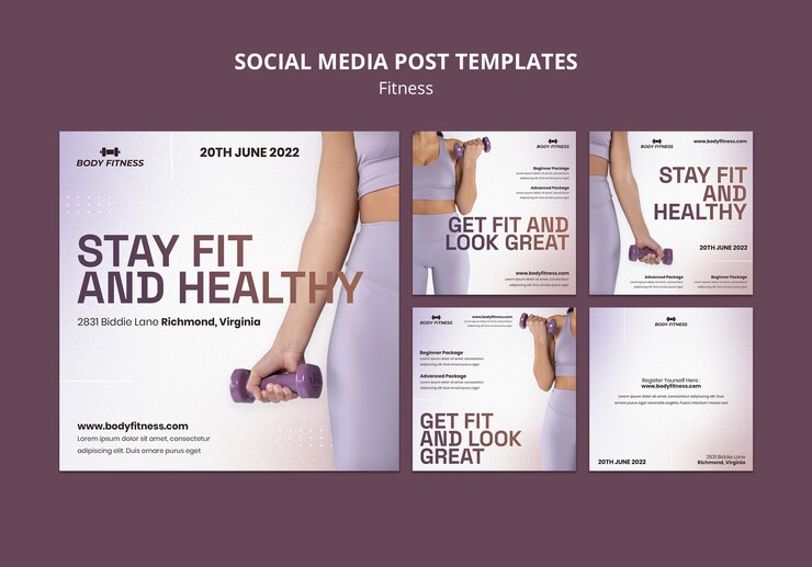 PSD gratuito colección de publicaciones de instagram de fitness con mujer y mancuernas