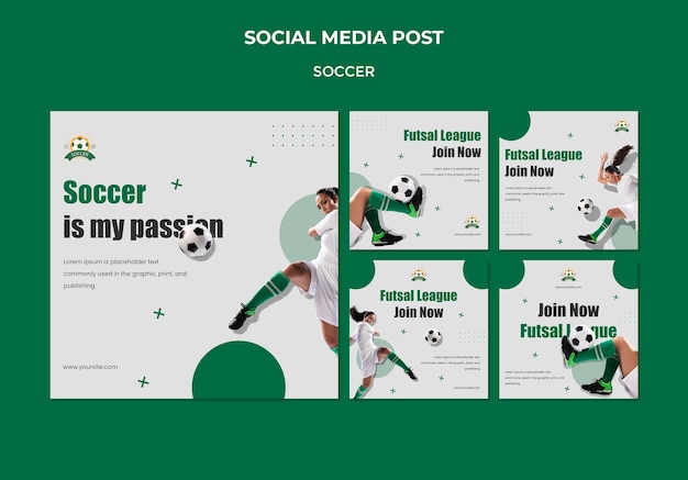 PSD gratuito colección de publicaciones de instagram para la liga de fútbol femenino