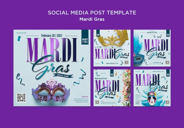 PSD gratuito colección de publicaciones de instagram para mardi gras con máscara de carnaval