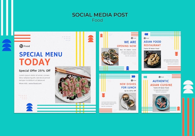 PSD gratuito colección de publicaciones de instagram con platos de la cocina asiática