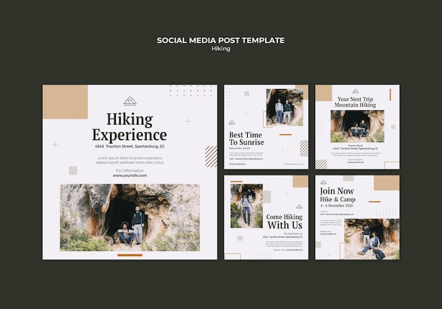 PSD gratuito colección de publicaciones de instagram para practicar senderismo en la naturaleza
