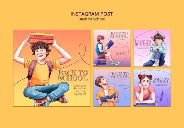 Colección de publicaciones de instagram para el regreso a clases con elementos dibujados a mano