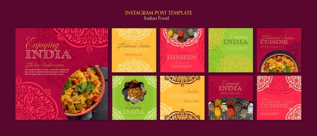 Colección de publicaciones de instagram de restaurante de comida india con diseño de mandala