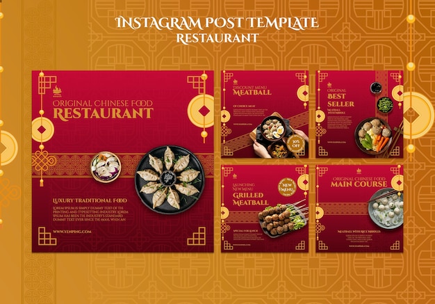 PSD gratuito colección de publicaciones de instagram de restaurante con monedas asiáticas de la suerte