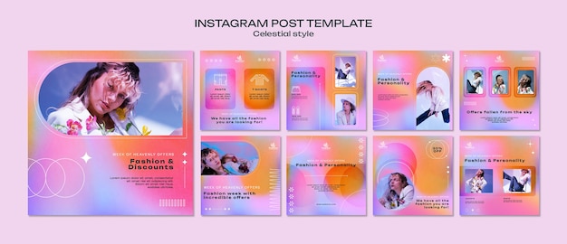 Colección de publicaciones de Instagram para tienda de moda en estilo celestial.