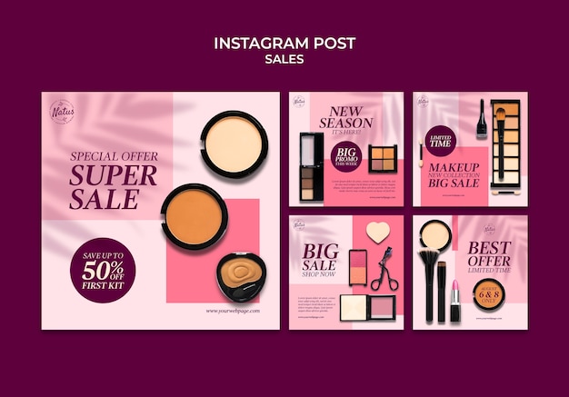 Colección de publicaciones de instagram para la venta de cosméticos.