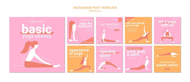 Colección de publicaciones de instagram de yoga con persona estirando
