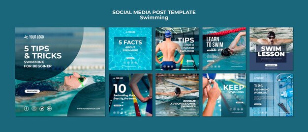 Colección de publicaciones en redes sociales para clases de natación