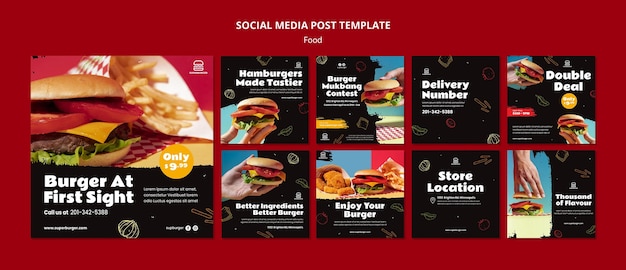 PSD gratuito colección de publicaciones de redes sociales de hamburguesas deliciosas