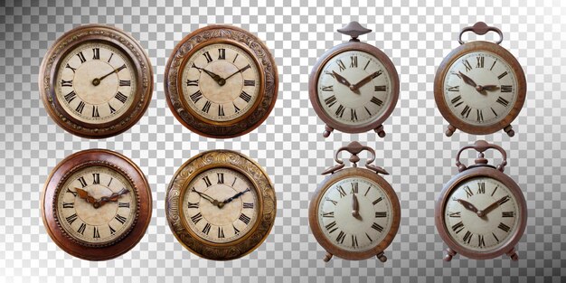Colección de relojes antiguos sobre un fondo transparente
