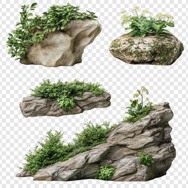 Colección de renderización en 3D de rocas y plantas